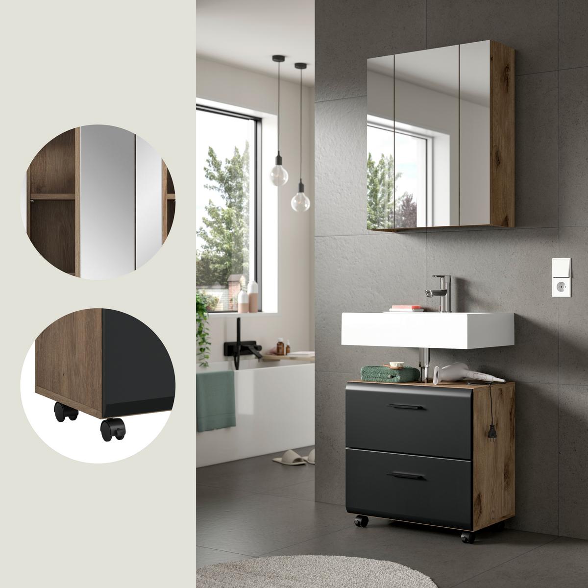 Badezimmer Ice Schwarz /Eiche dunkel Dekor B: 60cm - Eiche dunkel/Schwarz, Trend, Glas/Holzwerkstoff (60cm) - MID.YOU