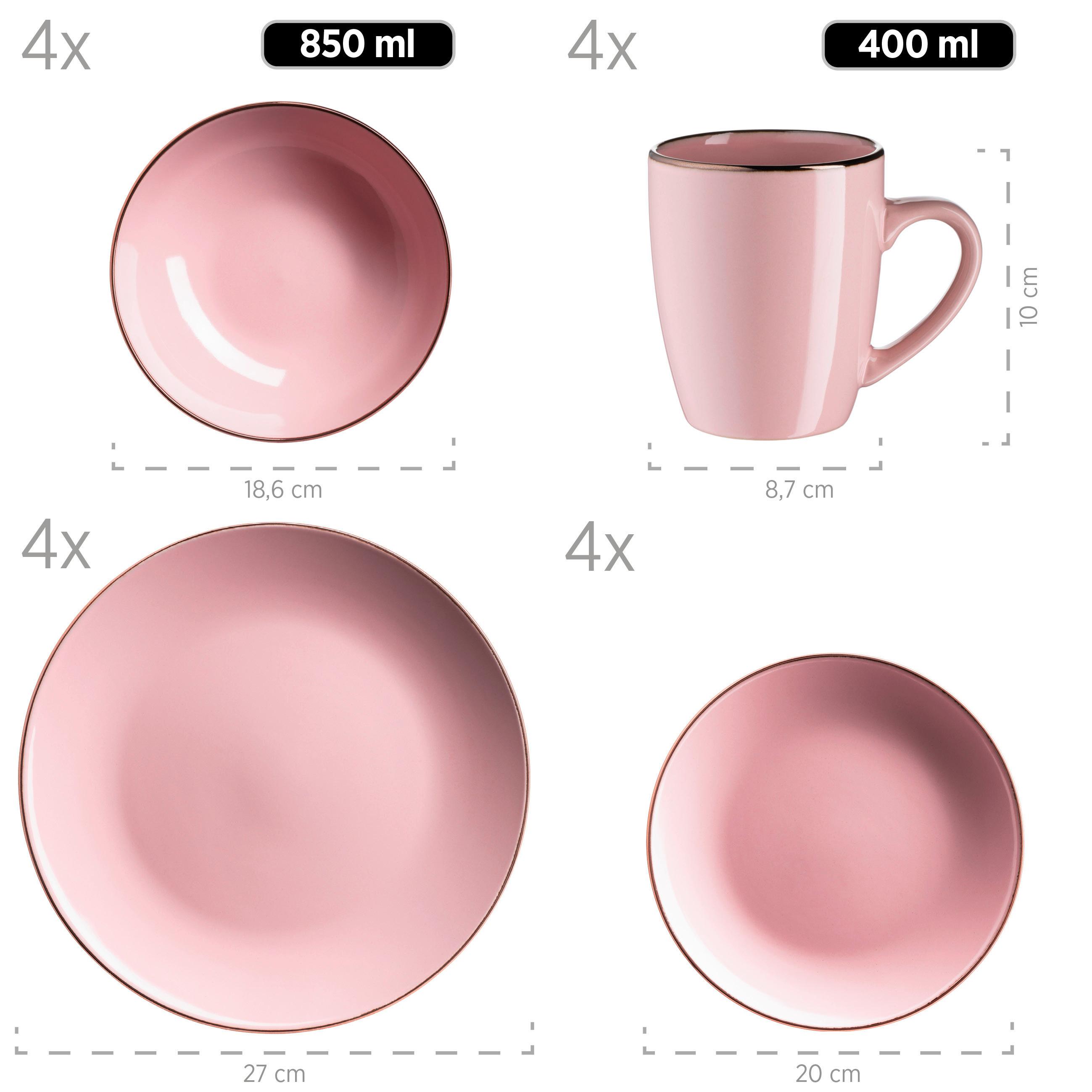 Kombiservice Metallic Rim 4 Personen Rosa 16-Teilig - Rosa, Basics, Keramik - Mäser