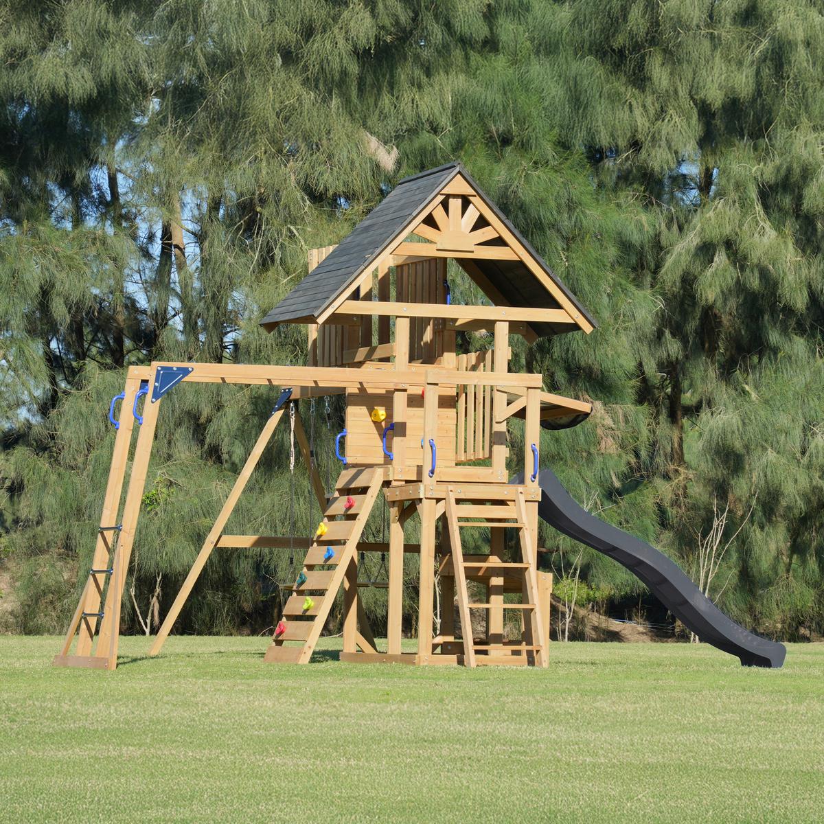 Spielturm Mit Rutsche Grau - Anthrazit/Braun, Basics, Holz/Kunststoff (482/500/338cm) - Ambia Garden