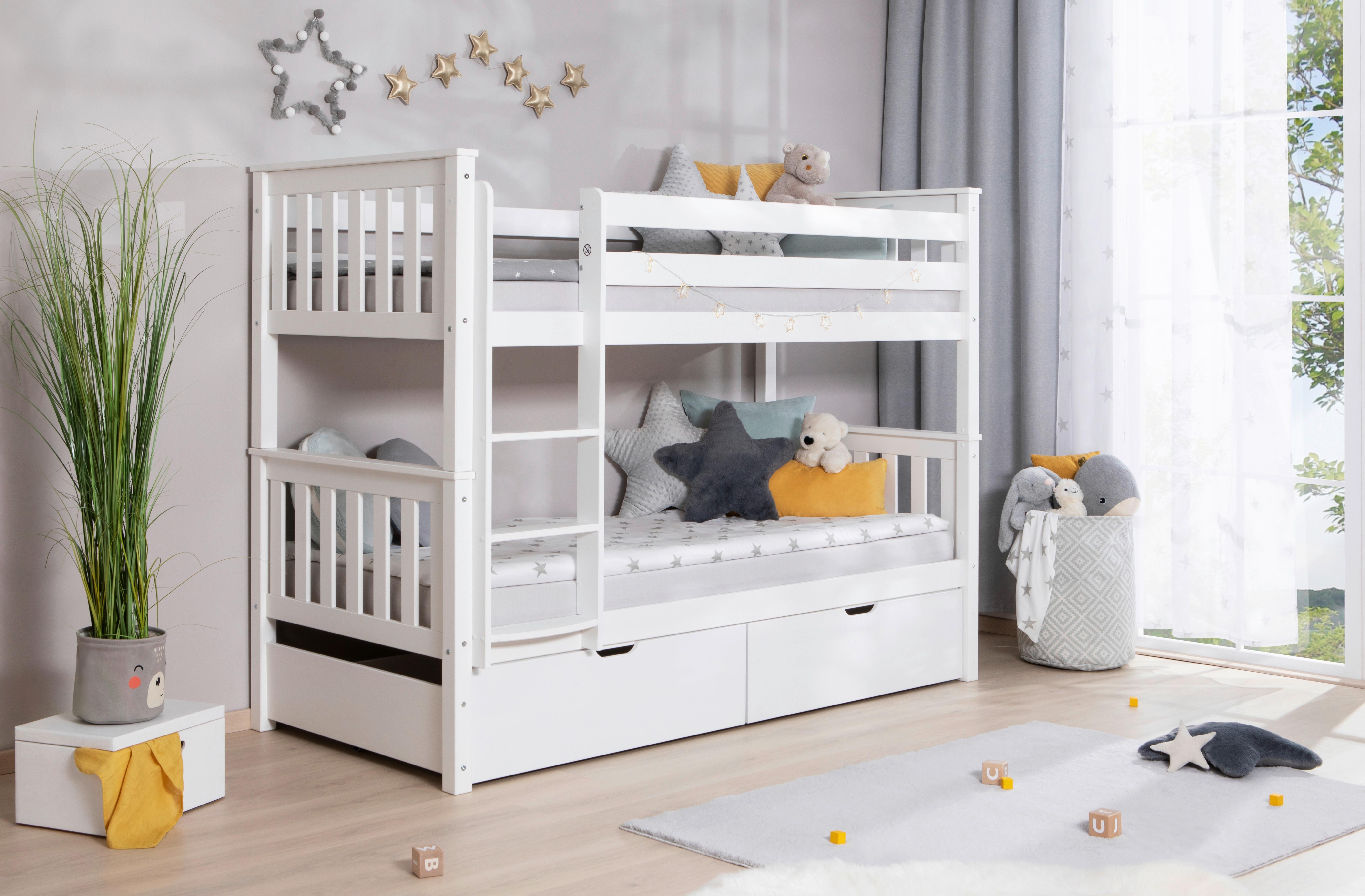 Etagenbett Sammy Weiß Kiefer Massiv 90 cm mit Schubladen - Weiß, MODERN, Holz (90/200cm) - MID.YOU