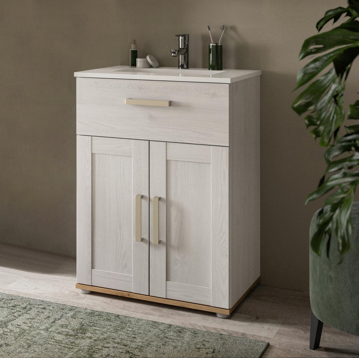 WASCHTISCHKOMBI Verona Lärchefarben B: 60cm - Silberfarben/Lärchefarben, Trend, Keramik/Holzwerkstoff (60cm) - MID.YOU