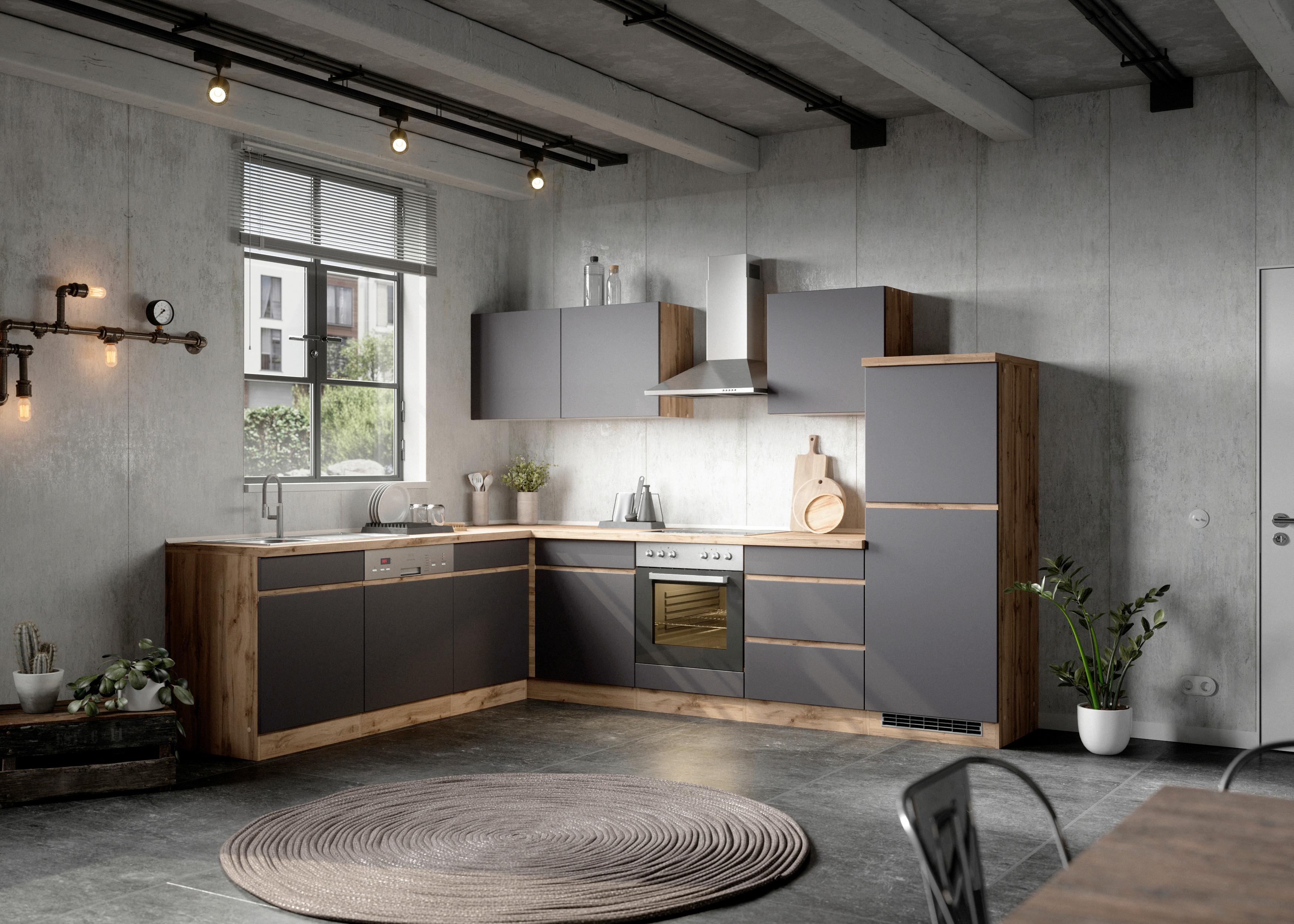 Eckküche Turin ohne Geräte 300x240 cm Grau/Eiche Dekor - Eiche Wotan/Grau, Design, Holzwerkstoff (300/240cm) - Held