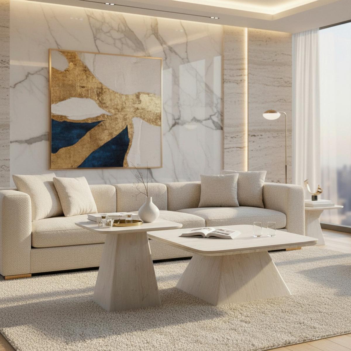 KONFERENČNÍ STOLEK THIAGO - krémová, Moderní, kompozitní dřevo/kámen (55/34/55/34/32/46cm) - Bessagi Home