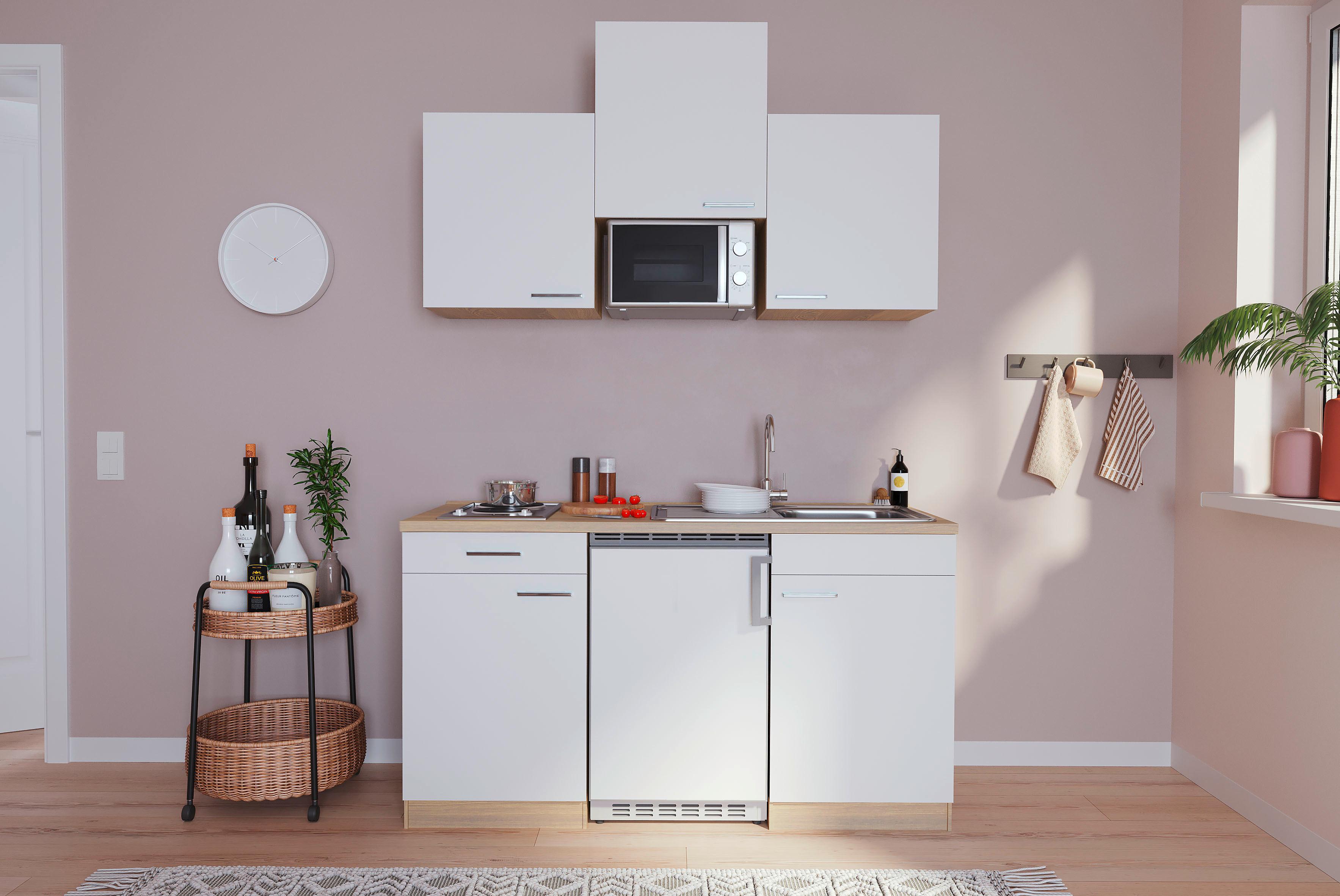 Miniküche m. Mikrowelle + Kühlschrank 150 cm Weiß/Eiche - Eichefarben/Weiß, Basics, Holzwerkstoff (150cm) - Respekta