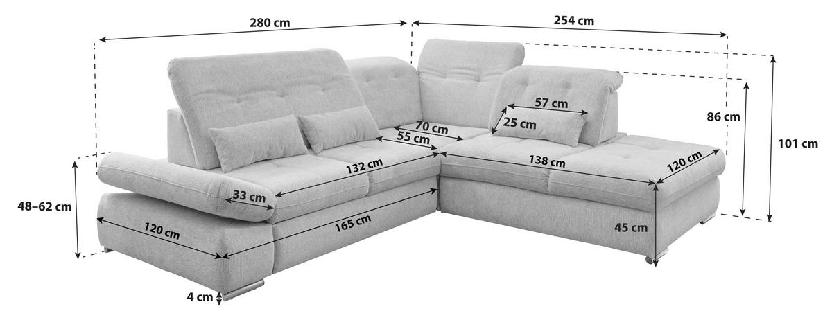Ecksofa mit Schlaffunktion Dalida Braun/Grau Chenille - Chromfarben/Braun, Design, Textil (280/254cm) - Livetastic