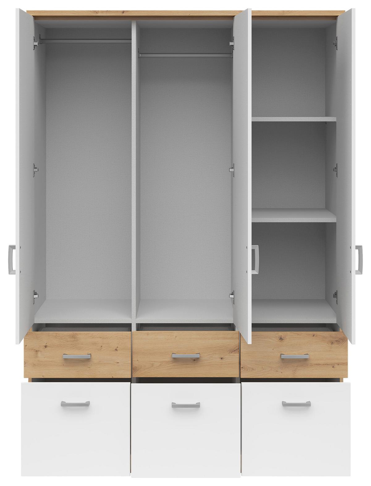 Drehtürenschrank mit Laden 136cm Brando, Weiß/Eiche Dekor - Silberfarben/Weiß, KONVENTIONELL, Holzwerkstoff (136/199/58cm)