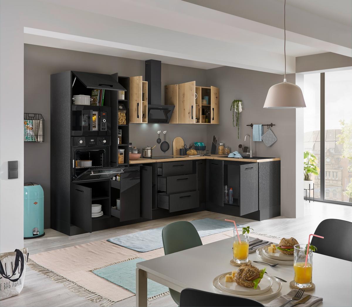 Eckküche Turin Schwarz/Eiche Dekor 300x165 cm - Schwarz/Eiche Artisan, Basics, Holzwerkstoff (300/165cm) - MID.YOU