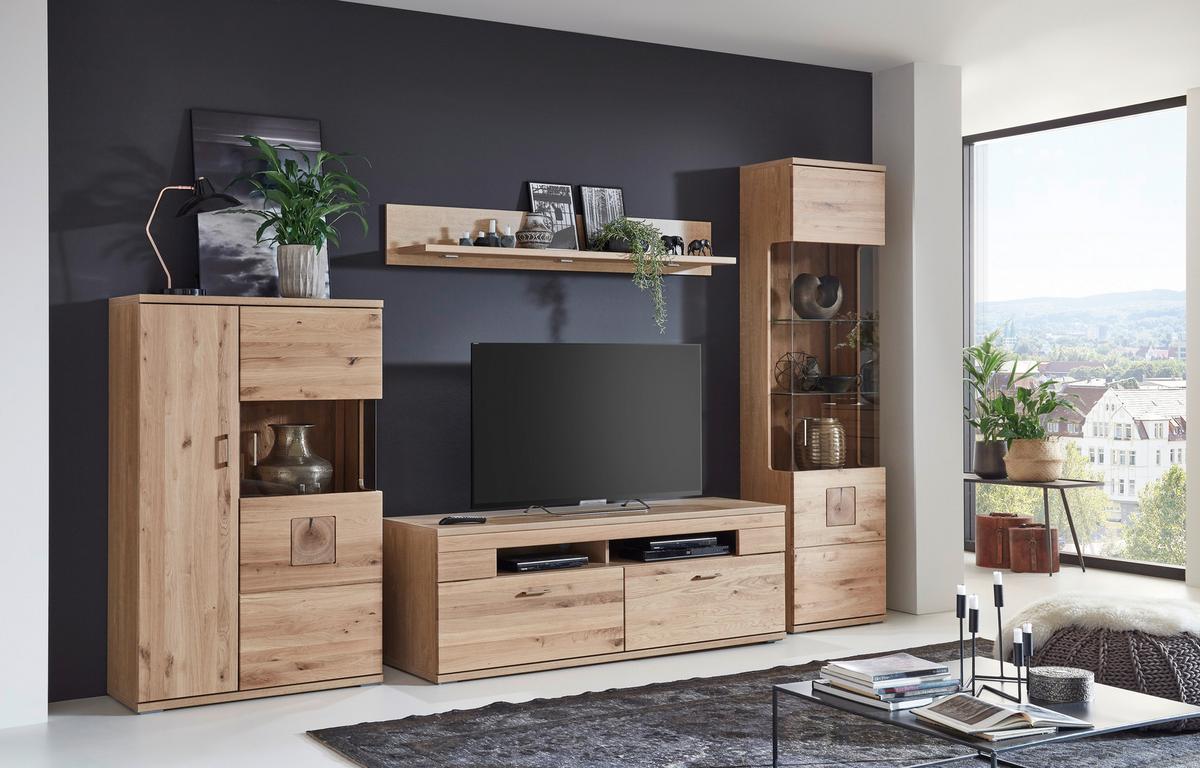 WOHNWAND KANSAS - Alteiche/Silberfarben, KONVENTIONELL, Glas/Holz (330/208,3/50,2cm) - Livetastic