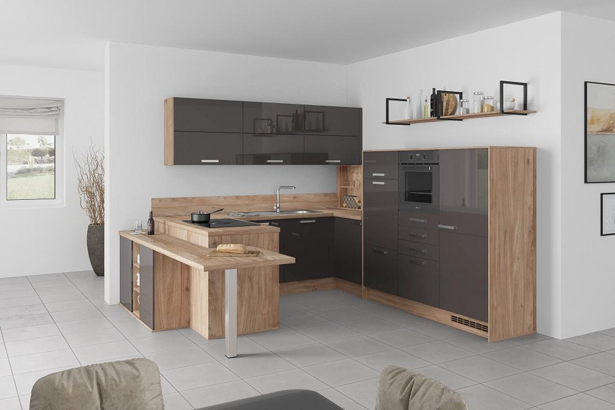 U-küche Lp4050 Grafit/ Eiche 255x294x298 Cm Mit Griffen - MODERN, Holzwerkstoff (255/294/298cm) - Impuls