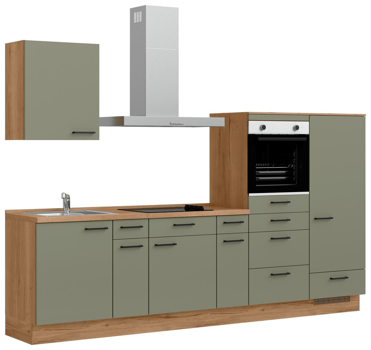 Kuchyňská linka 300 cm, olivově zelená - barvy dubu/černá, Moderní, kov/kompozitní dřevo (300cm) - Nobilia