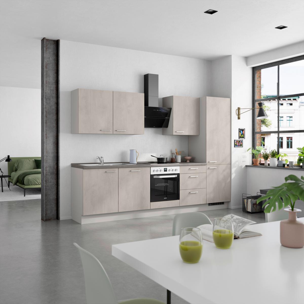 Kuchynská linka 300 cm, šedý betón/ kamenná šedá - sivá/farba ušľachtilej ocele, Modern, kov/kompozitné drevo (300cm) - Nobilia