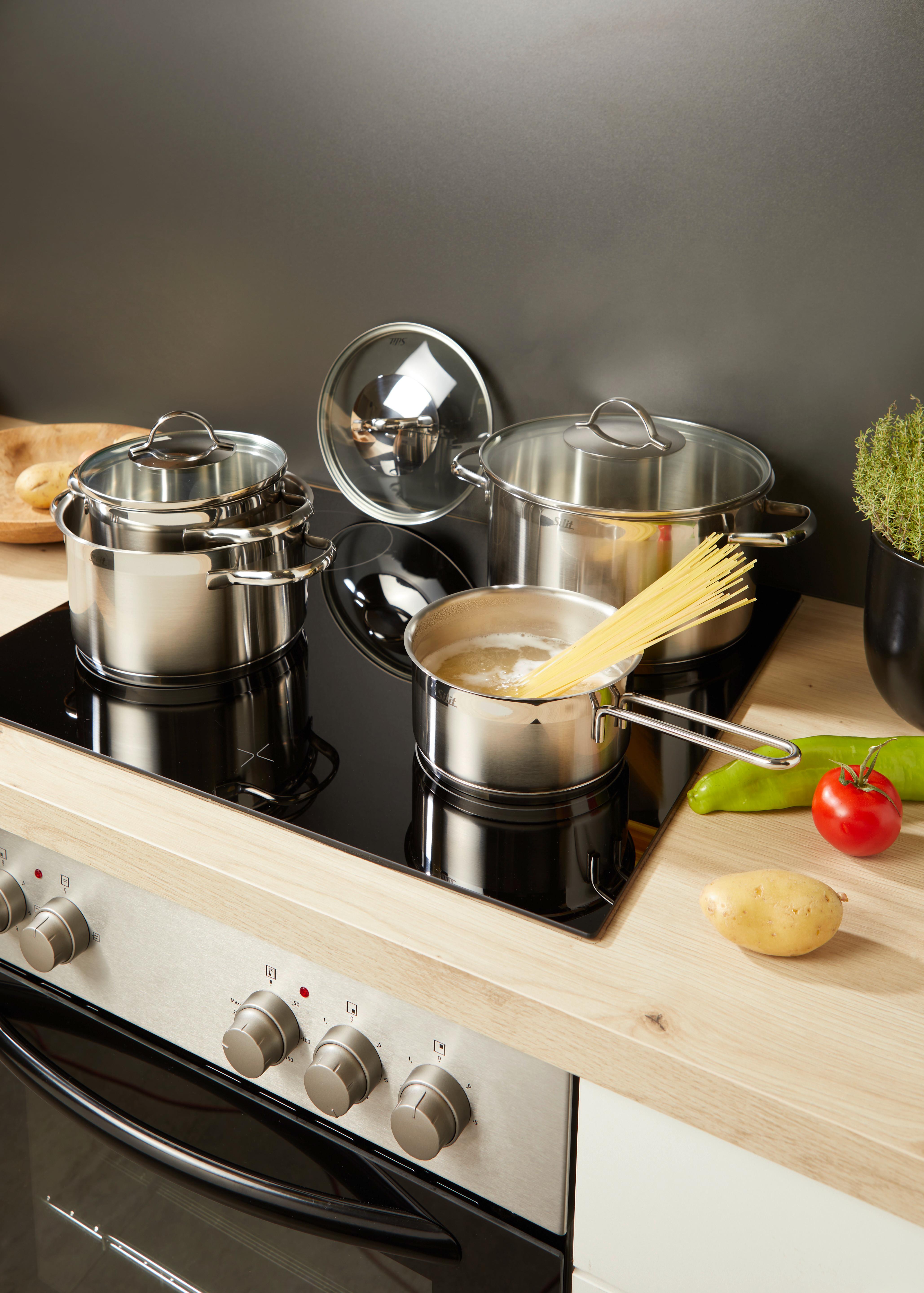 Kochtopfset Achat, 4-teilig, Edelstahl, Inkl. 3 Deckeln - Edelstahlfarben, KONVENTIONELL, Glas/Metall - Silit