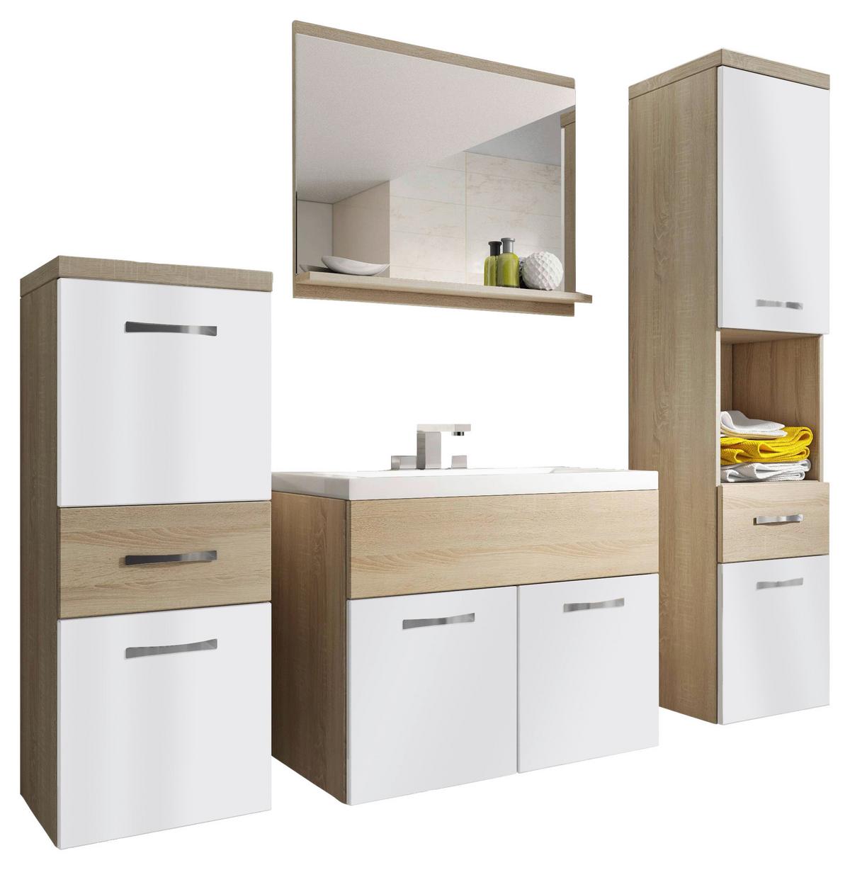 Kúpeľňa 5-dielna, dekor dub Sonoma/biela - biela/biela s vysokým leskom, Lifestyle, kov/kompozitné drevo (120cm) - P & B