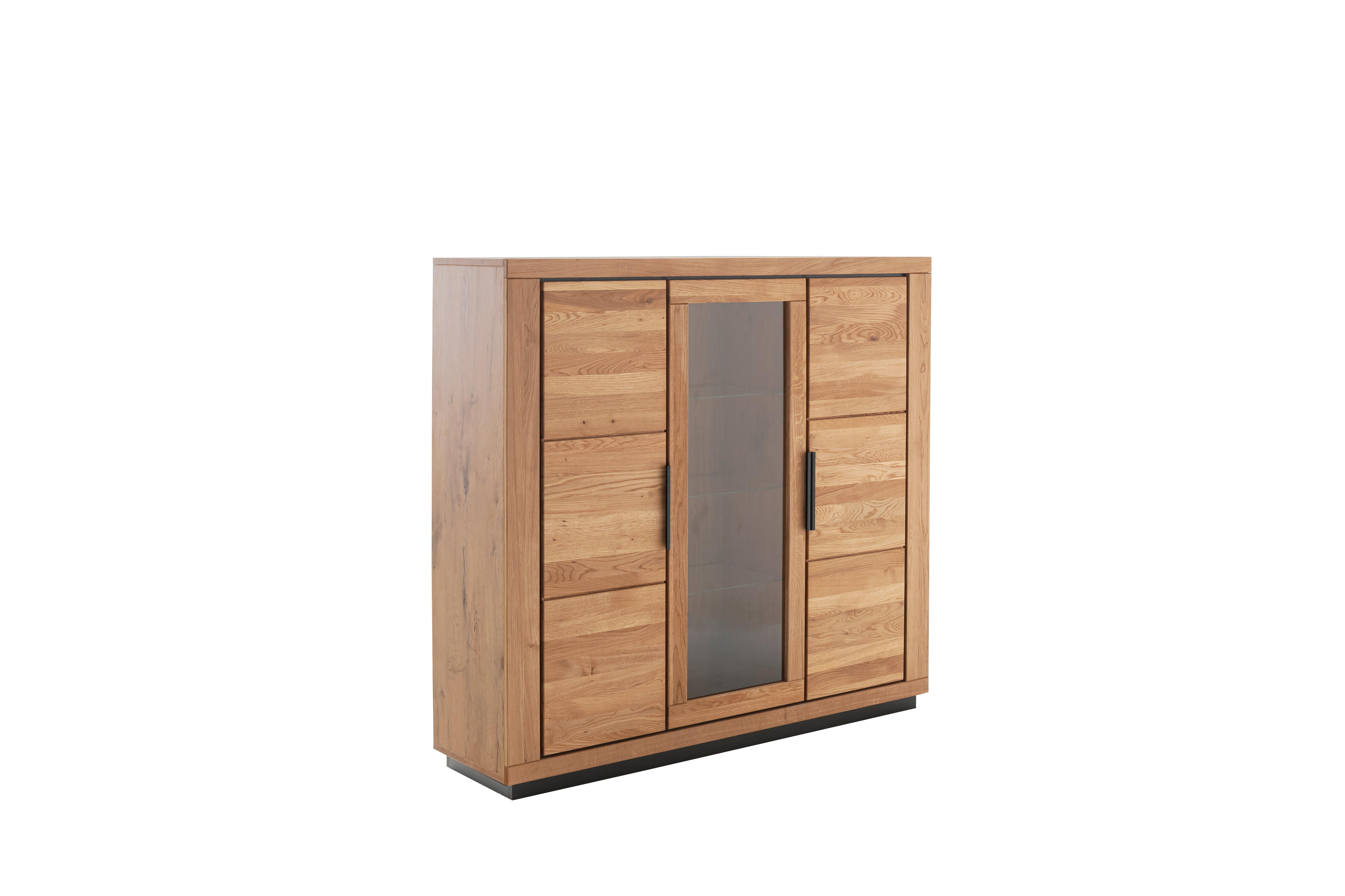 Highboard 156cm Greno Wildeiche massiv - Wildeiche/Schwarz, ROMANTIK / LANDHAUS, Glas/Holz (153/142/40cm)