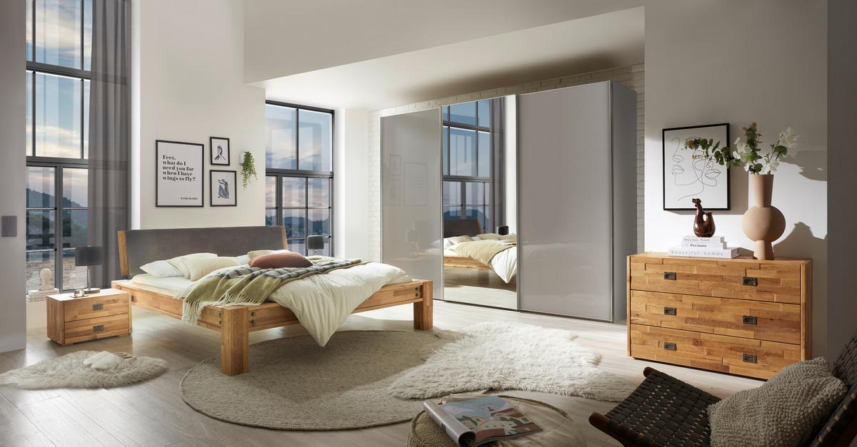 Balkenbett San Antonie Mit Gepolstertem Kopfteil 140x200 - Eichefarben/Grau, Natur, Holz/Textil (140/200cm) - Hasena