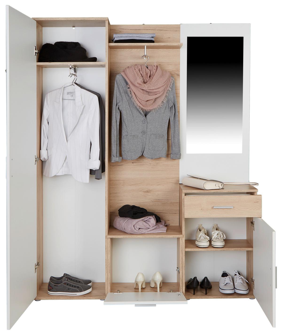 Garderobe Mia Eiche Dekor/weiß B: 150 Cm Mit Spiegel - Eichefarben/Weiß, MODERN, Glas/Holzwerkstoff (150/190/29cm)