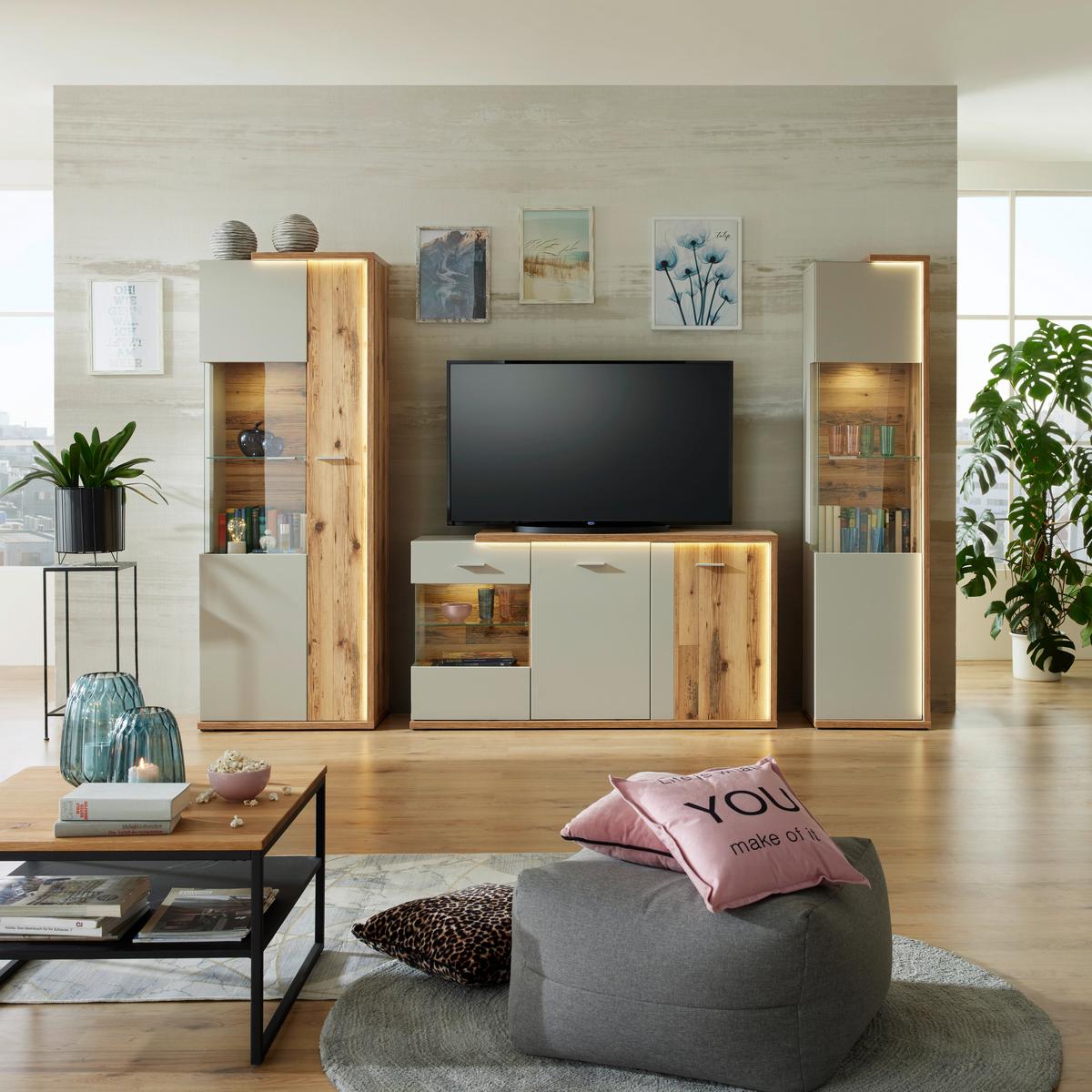 Vitrine Ambiente B: 48,6 Cm Mit Led Alpine Lodge Dekor - MODERN, Glas/Holzwerkstoff (48,6/199,1/43,6cm)