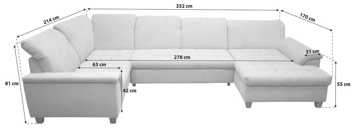 Wohnlandschaft Franzi Kopfteil Verstellbar Dunkelgrau - Eichefarben/Dunkelgrau, KONVENTIONELL, Textil (214/352/170cm) - MID.YOU