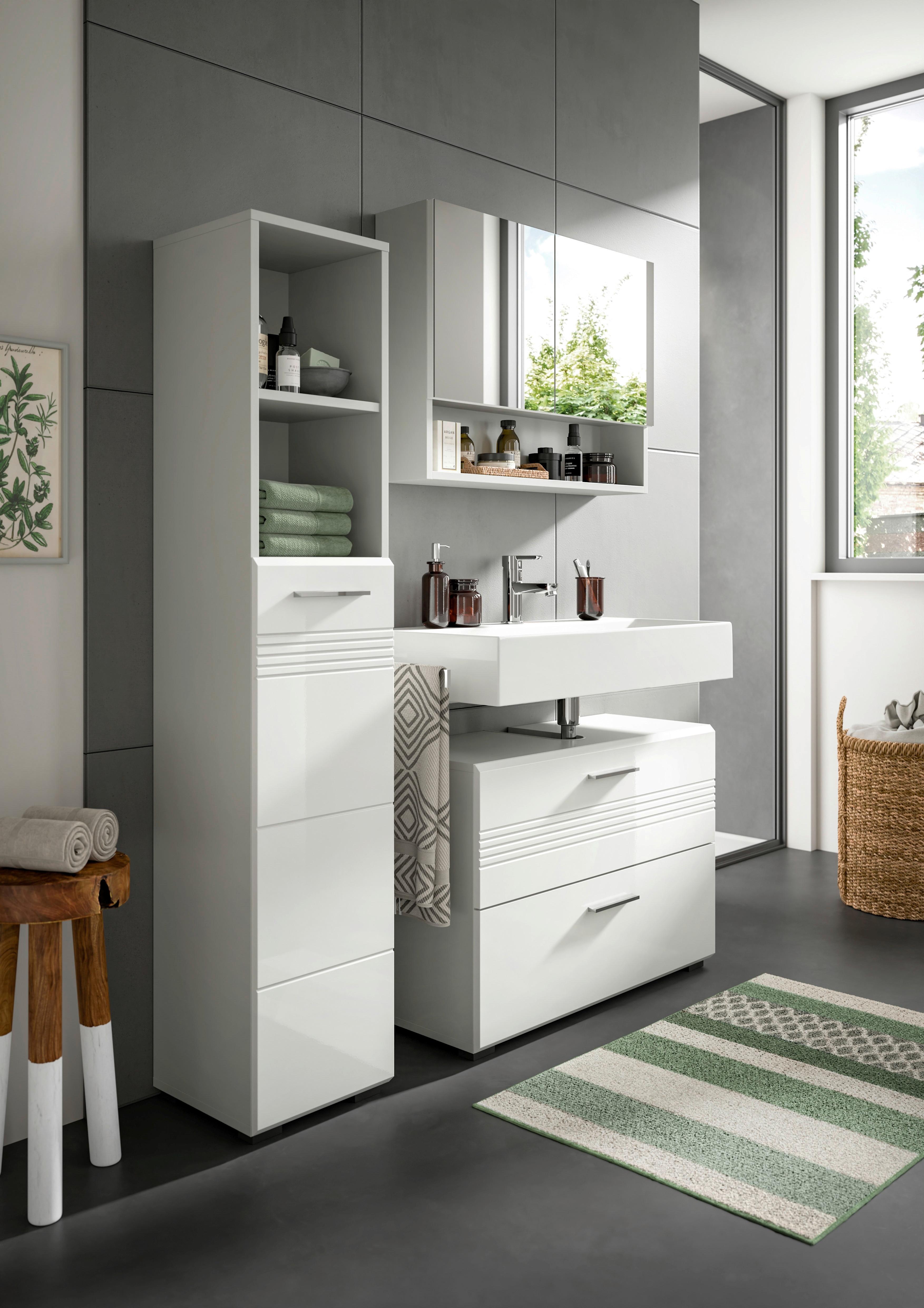 Badezimmer Copa Grau Weiß Hg B: 110 Cm - Weiß Hochglanz/Schwarz, MODERN, Holzwerkstoff (110cm) - MID.YOU