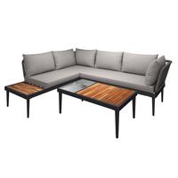 Loungegarnitur 3-Tlg. Basel aus Holz/Metall mit Kissen - Naturfarben/Grau, MODERN, Glas/Holz (186/150cm) - Beldano