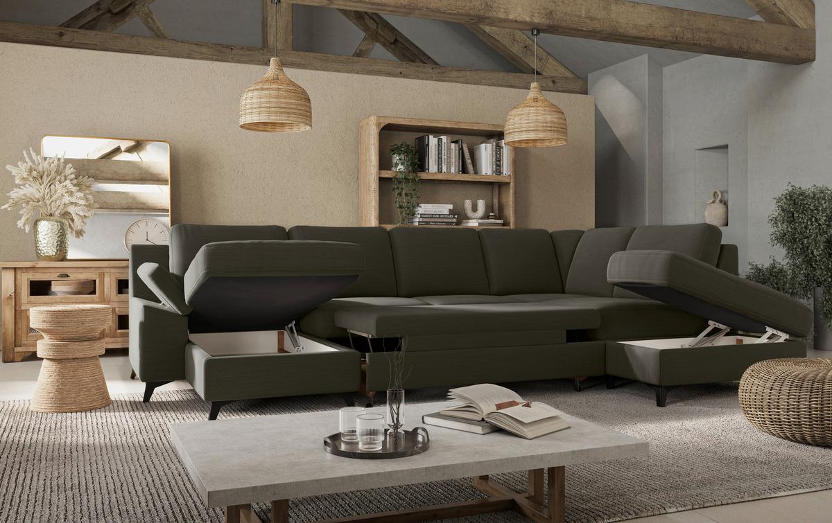 Wohnlandschaft Boom, Dunkelgrün 156x309x204 - Dunkelgrün/Schwarz, KONVENTIONELL, Textil (156/309/204cm) - Cotta