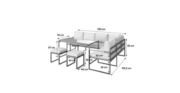 Loungegarnitur 5-tlg. Leon Metall/glas Mit Kissen - Grau, MODERN, Glas/Metall (239/176cm) - Beldano