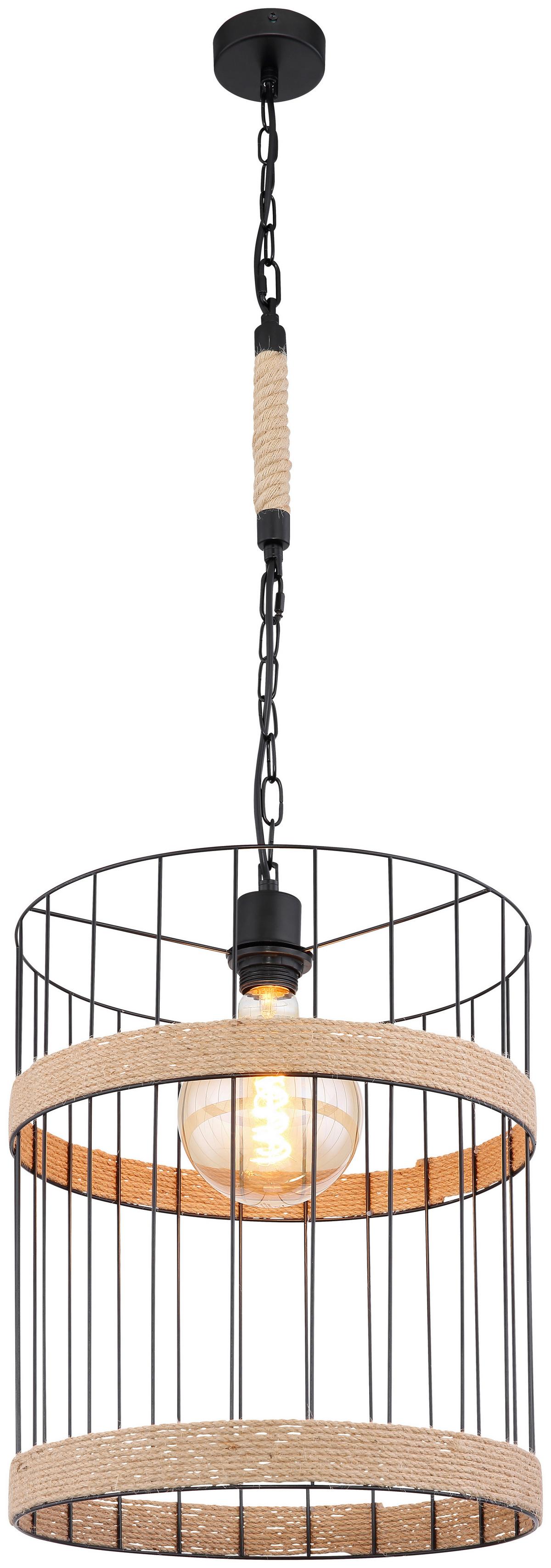 Hängeleuchte Halia H: 145 cm 1-Flammig, mit Hanfseil - Schwarz/Braun, Natur, Naturmaterialien/Metall (35/145cm) - Globo