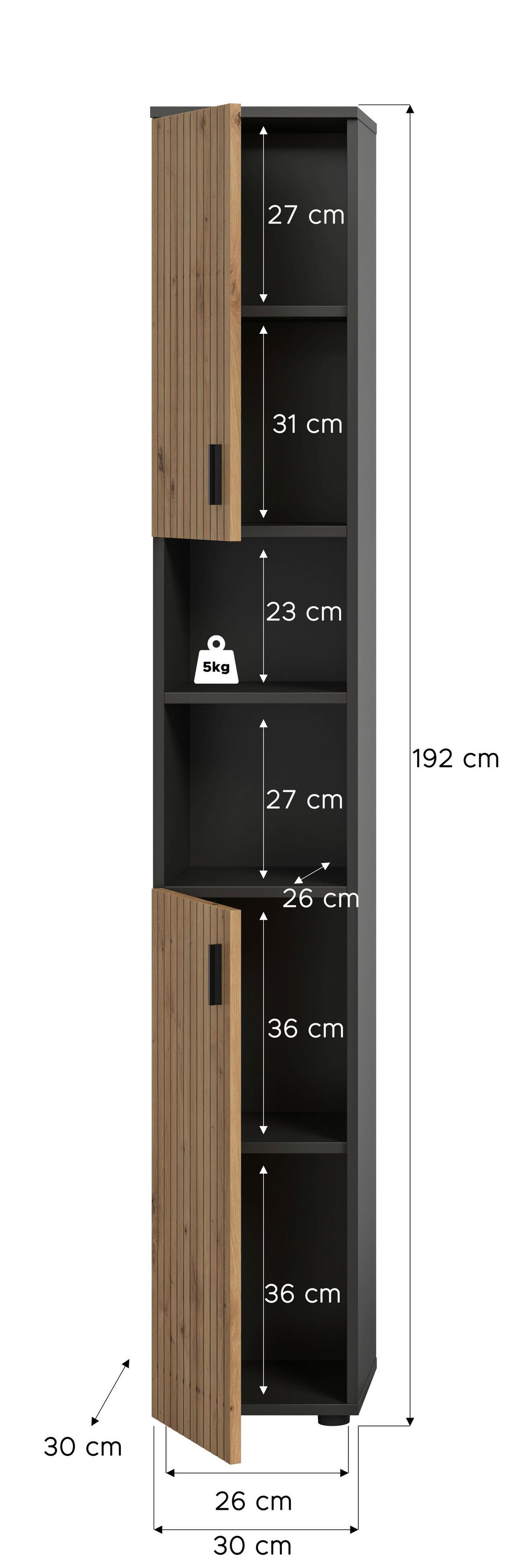 Hochschrank Mone Eiche Dekor B: 30cm - Schwarz/Eiche Artisan, Basics, Holzwerkstoff (30/192/30cm) - MID.YOU