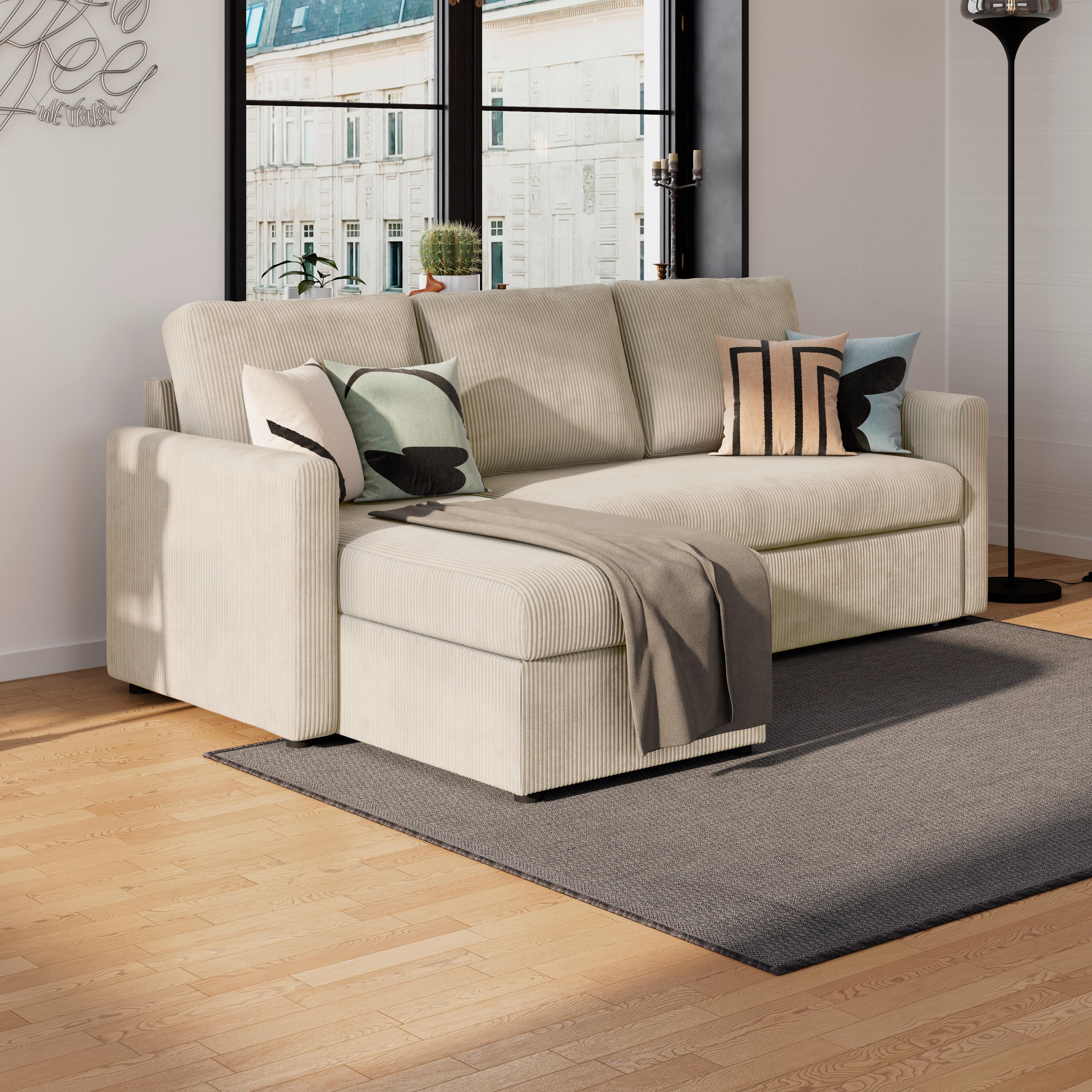 Ecksofa mit Schlaffunktion Paris Beige Cord 215x145cm - Beige, Basics, Holz/Holzwerkstoff (215/145cm)