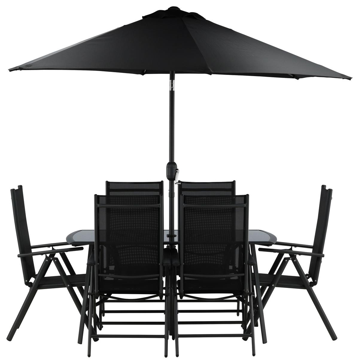 Gartentischgruppe 8-Tlg Brekki aus Aluminium mit Schirm - Schwarz, KONVENTIONELL, Glas/Metall - Gardenson