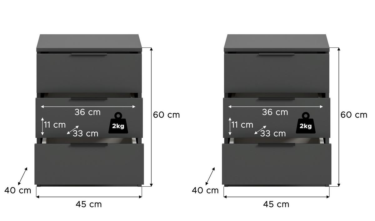 Nachtkästchenset Kopenhagen Anthrazit B: 45 Cm - Anthrazit/Schwarz, MODERN, Holzwerkstoff (45/60/40cm) - MID.YOU