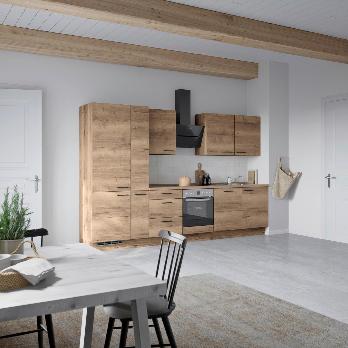 Kuchyňská linka 330 cm, dekor dub Havanna - černá/tmavý dub, Moderní, kov/kompozitní dřevo (330cm) - Nobilia