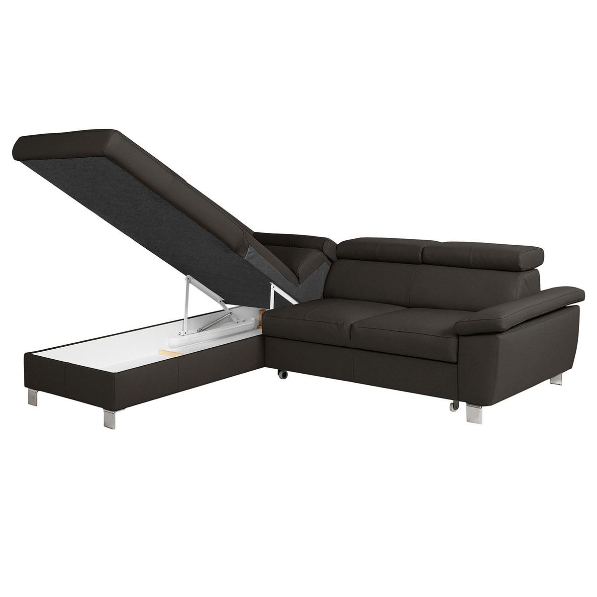 Ecksofa Lugano Teilleder Dunkelbraun 208x248 - Chromfarben/Dunkelbraun, Design, Leder/Textil (208/248cm) - Livetastic