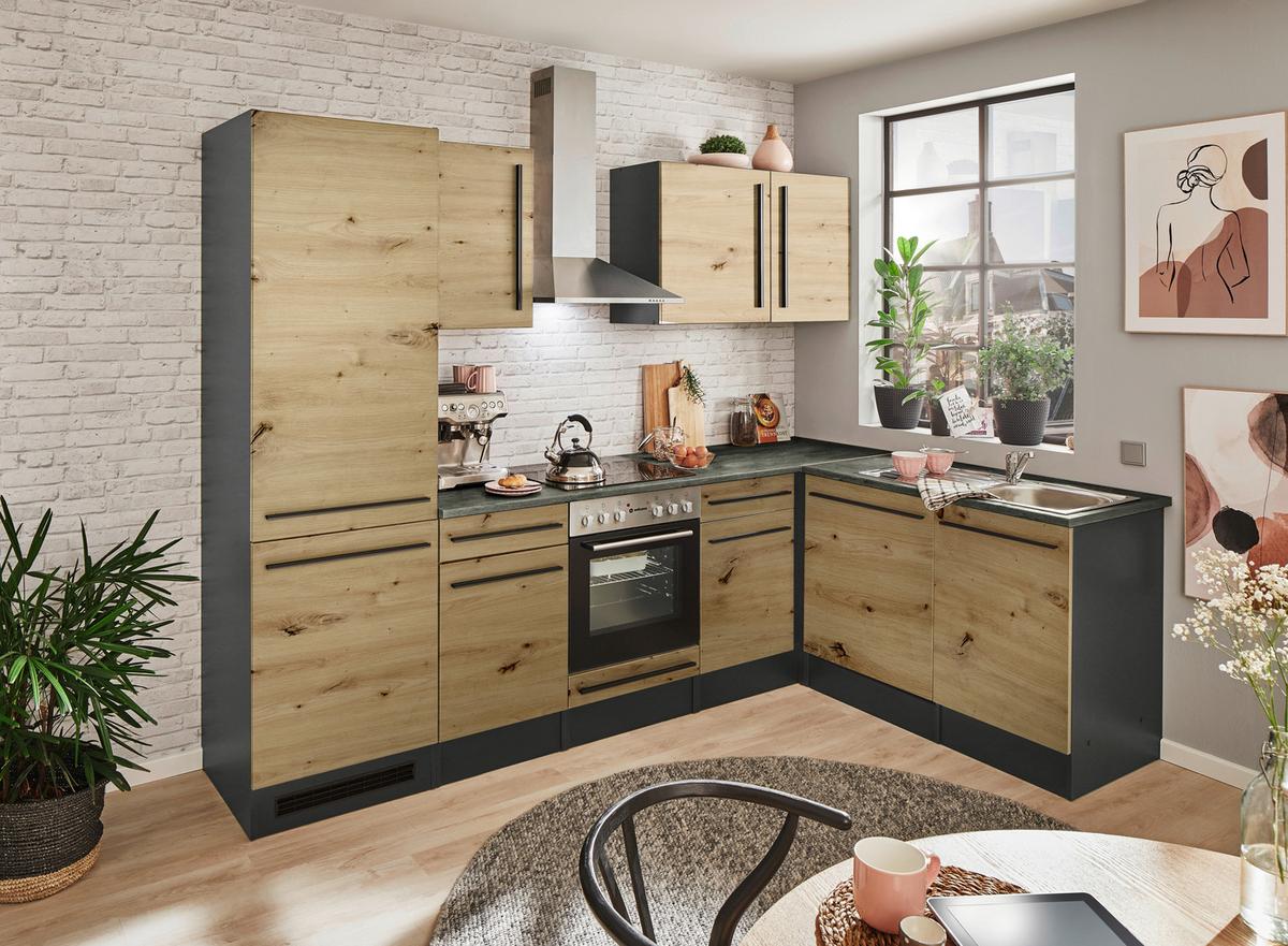 Eckküche Jazz 8 Mit Geräten 280x175 Anthrazit/eiche Dekor - Anthrazit/Eiche Artisan, LIFESTYLE, Holzwerkstoff (280/175cm) - MID.YOU