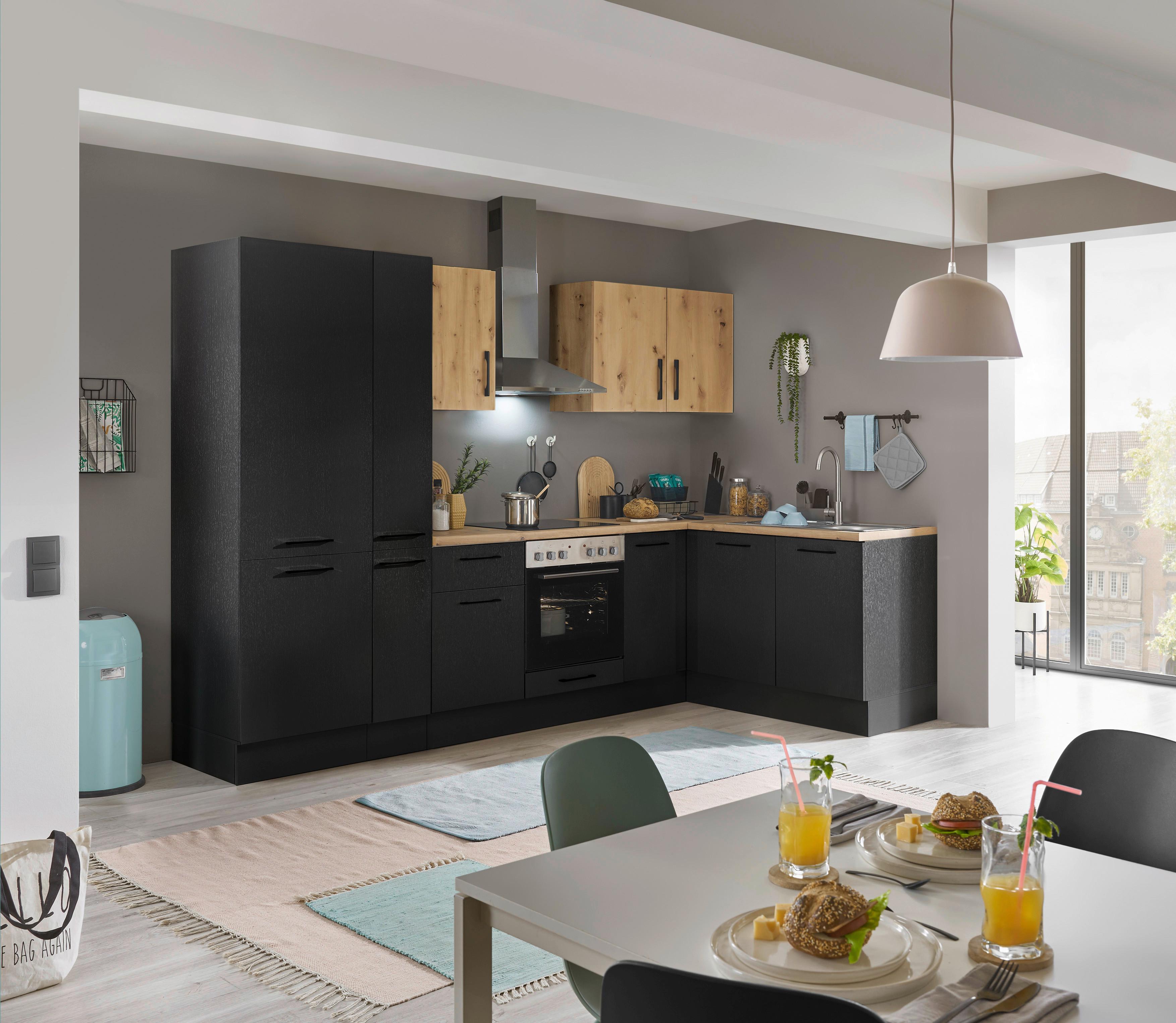 Eckküche Turin Schwarz/Eiche Dekor 300x165 cm - Schwarz/Eiche Artisan, Basics, Holzwerkstoff (300/165cm) - MID.YOU