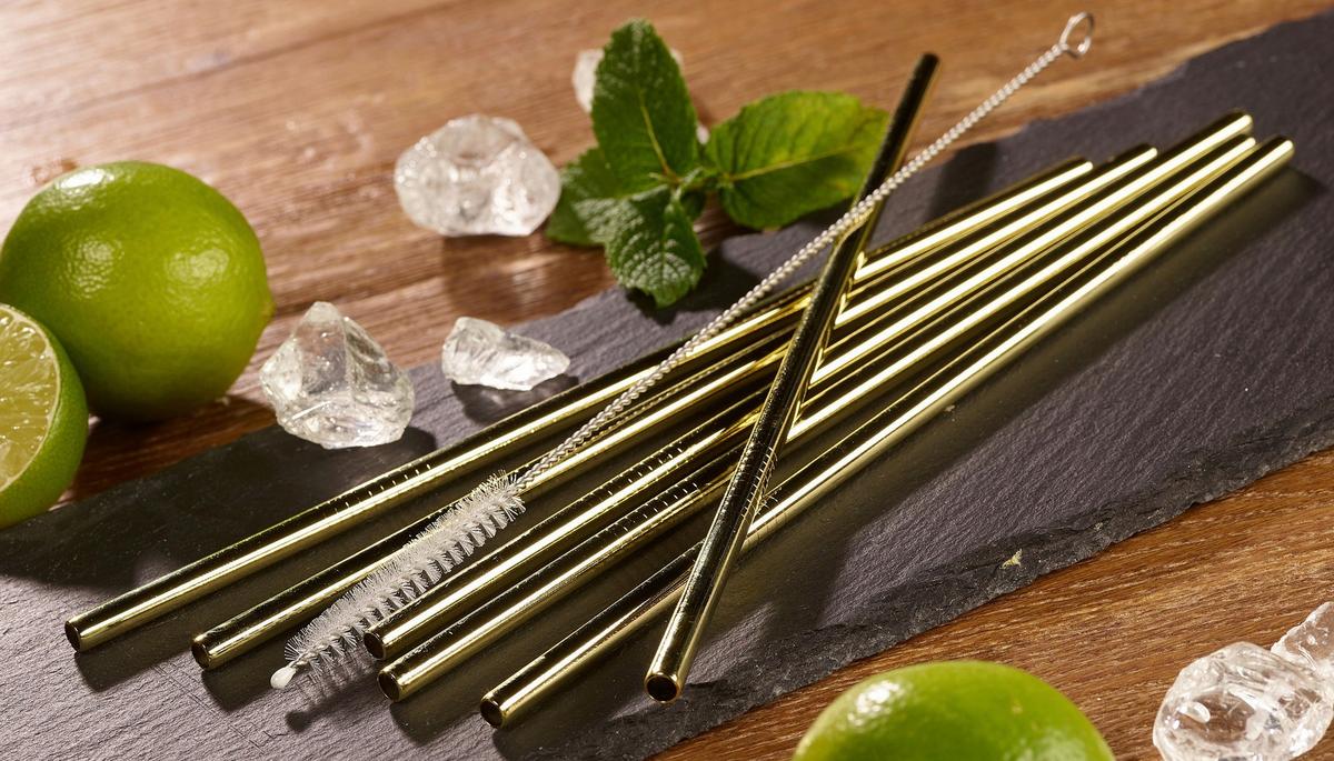 Trinkhalmset 6 Stück Inkl. Bürste, Metall, Gold - Goldfarben, Basics, Metall (12cm) - Echtwerk