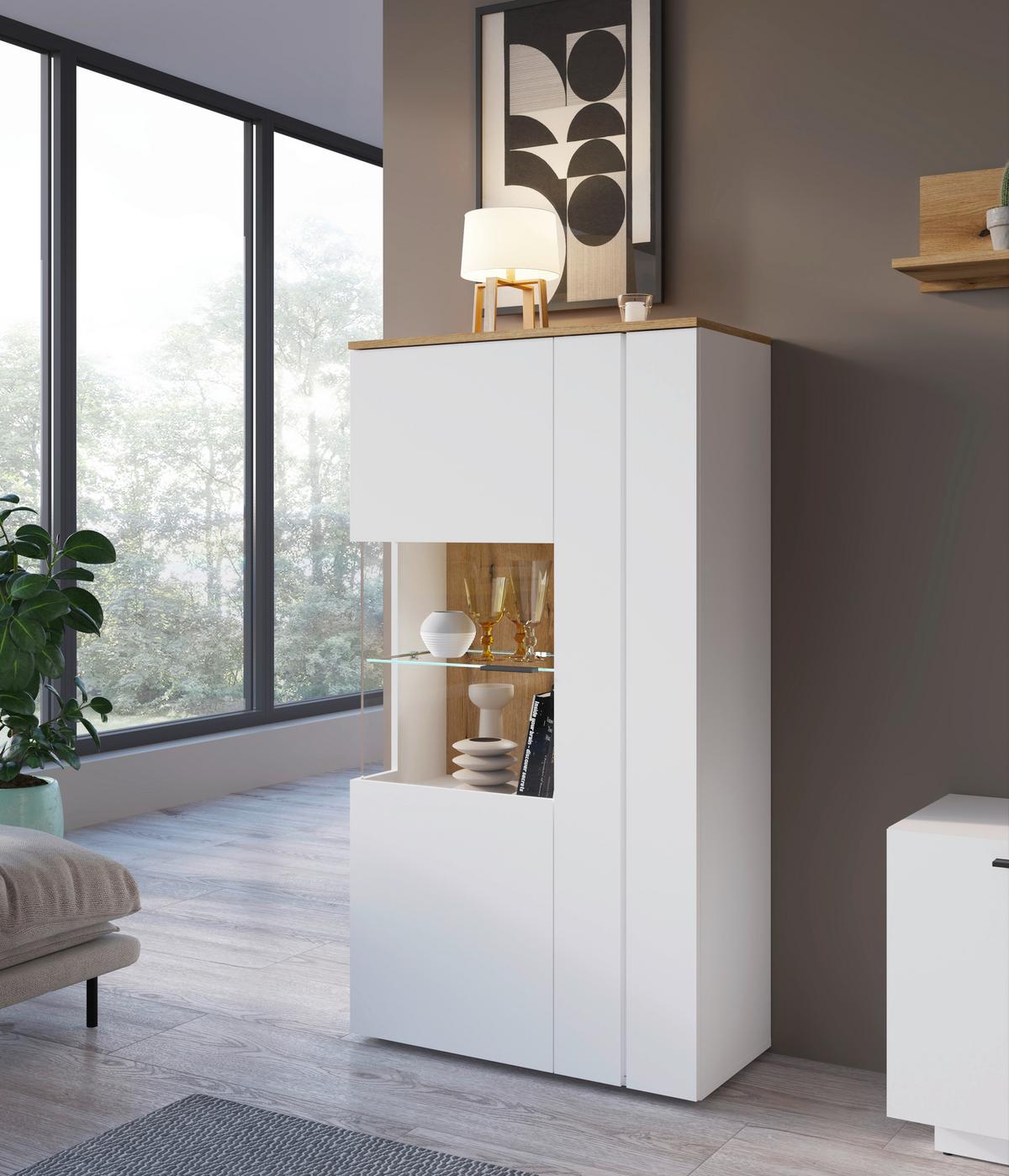 Highboard Dalano Weiß/eichefarben B: 77,7 Cm - Eichefarben/Schwarz, Trend, Glas/Holzwerkstoff (77,7/144,2/37,2cm) - MID.YOU