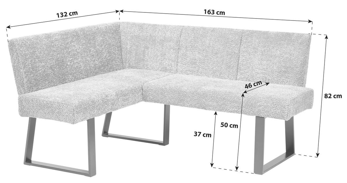 Eckbank Terri Grau, ca. 132x163cm - Schwarz/Grau, KONVENTIONELL, Textil/Metall (130/160cm) - MID.YOU
