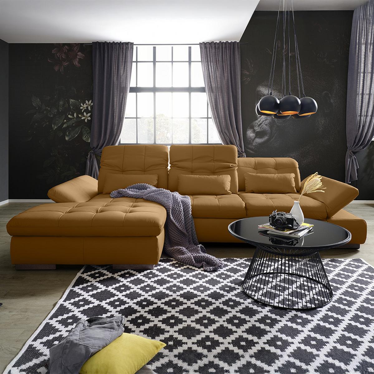 Rohová sedačka SANFINO, ľavá, tmavooranžová pravá koža - tmavooranžová/chrómová, Konventionell, kov/koža (199/79-96/305cm) - Premium Living