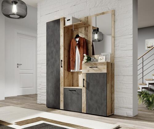 Garderobe Trio Anthrazit/Eiche Dekor B: 145 cm Mit Spiegel - Eichefarben/Anthrazit, Basics, Holzwerkstoff (145/184/29cm) - P & B