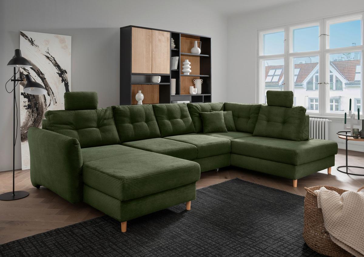 Wohnlandschaft Brizzini Mit Schlaffunktion, Dunkelgrün - Dunkelgrün/Naturfarben, MODERN, Textil (176/338-352/206cm) - Livetastic