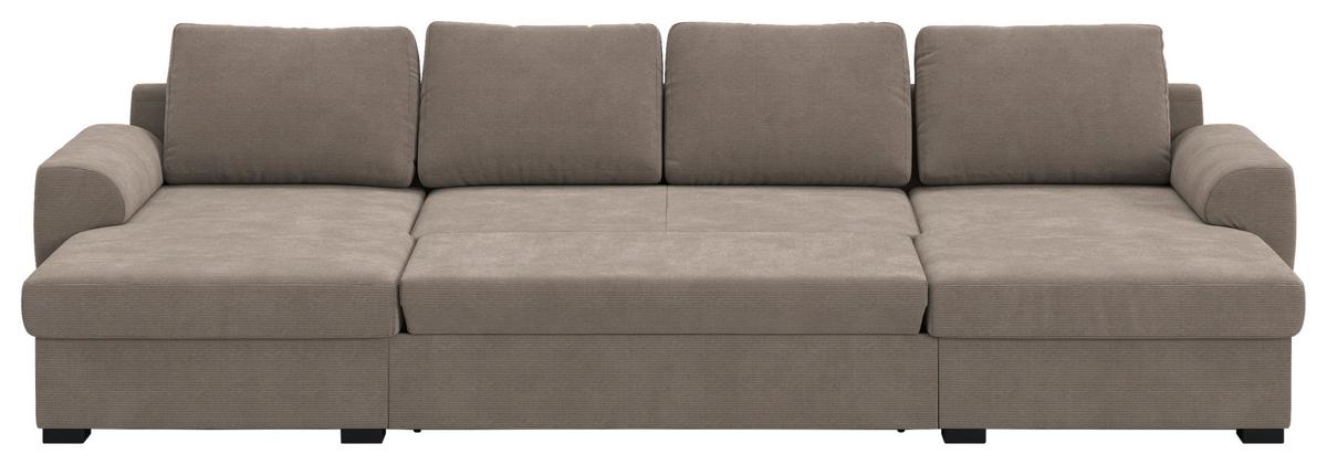 Wohnlandschaft m. Bettfunktion Cord taupe, B:327cm - Taupe/Schwarz, Trend, Textil (154/327/86cm) - MID.YOU
