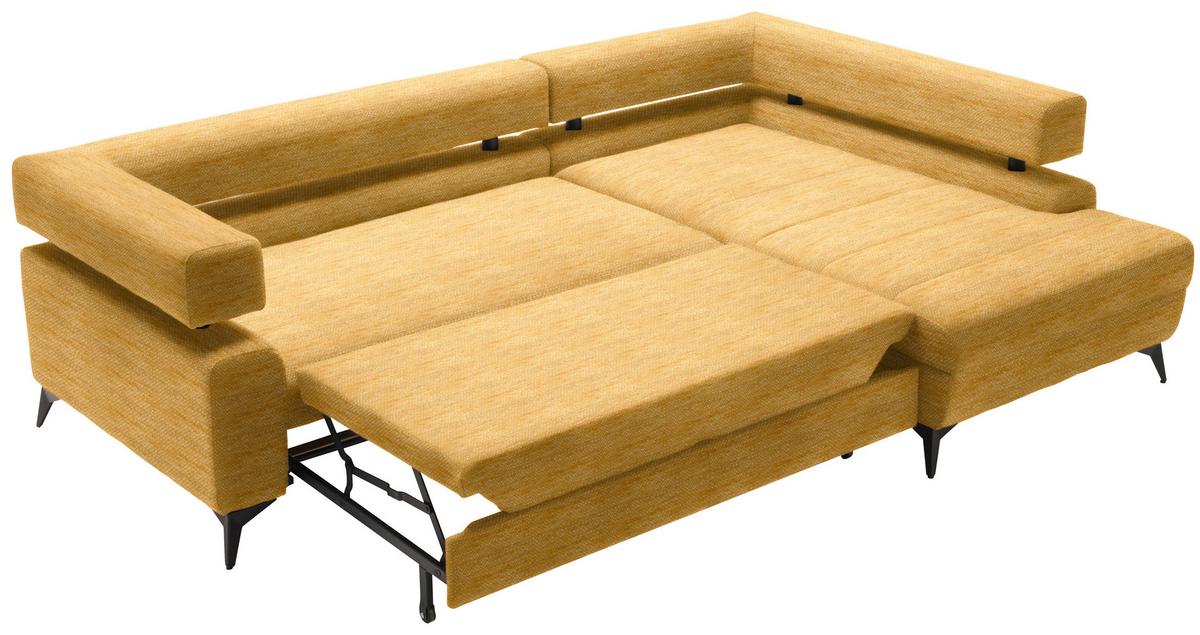 Rohová sedačka ROSALIE, pravá s úložným prostorem a lůžkem - curry žlutá/černá, Konvenční, kov/textil (265/184cm)