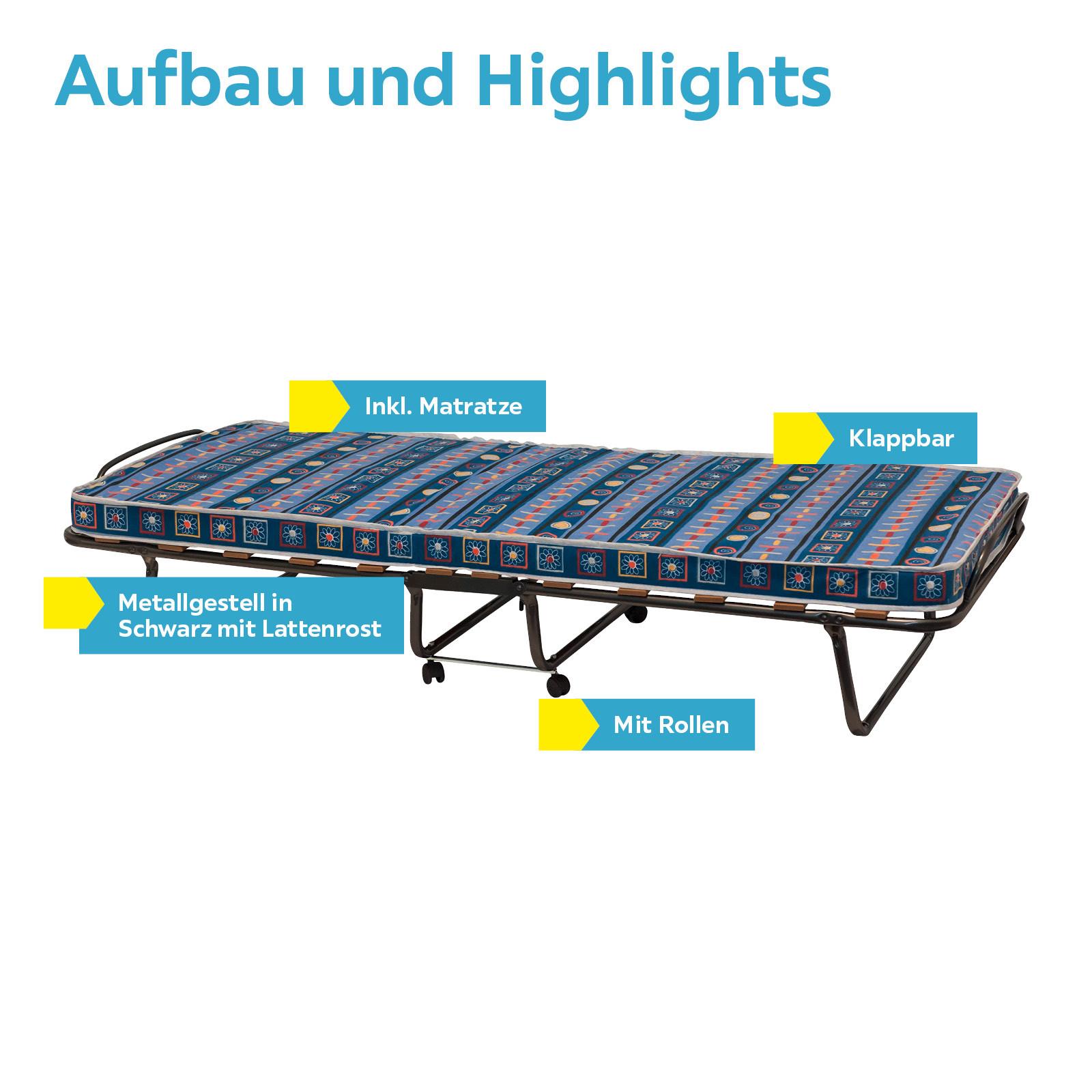 Klappbett Mit Matratze + Rollen 80x185 Cm Graz Schwarz - MODERN, Metall (80/185cm)