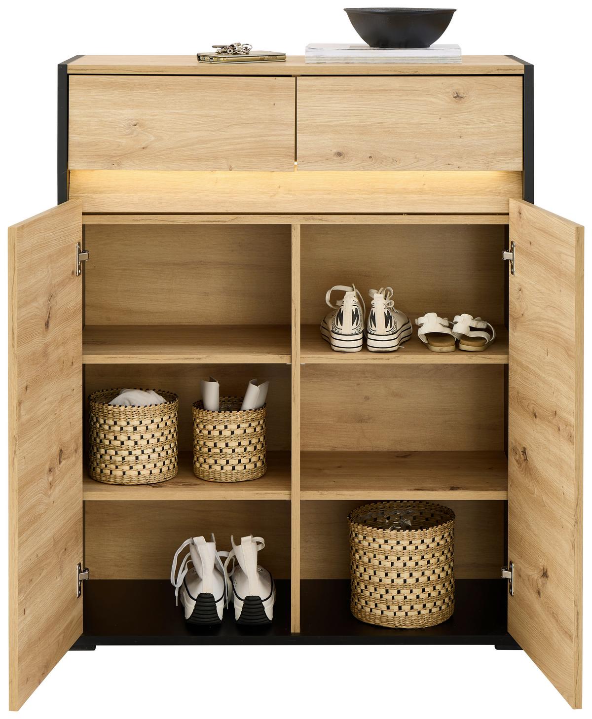 Garderoben-Set Welcome Eiche Dekor/Schwarz 4 -teilig. - Eichefarben/Schwarz, MODERN, Holzwerkstoff (209,1/200,7/38cm)