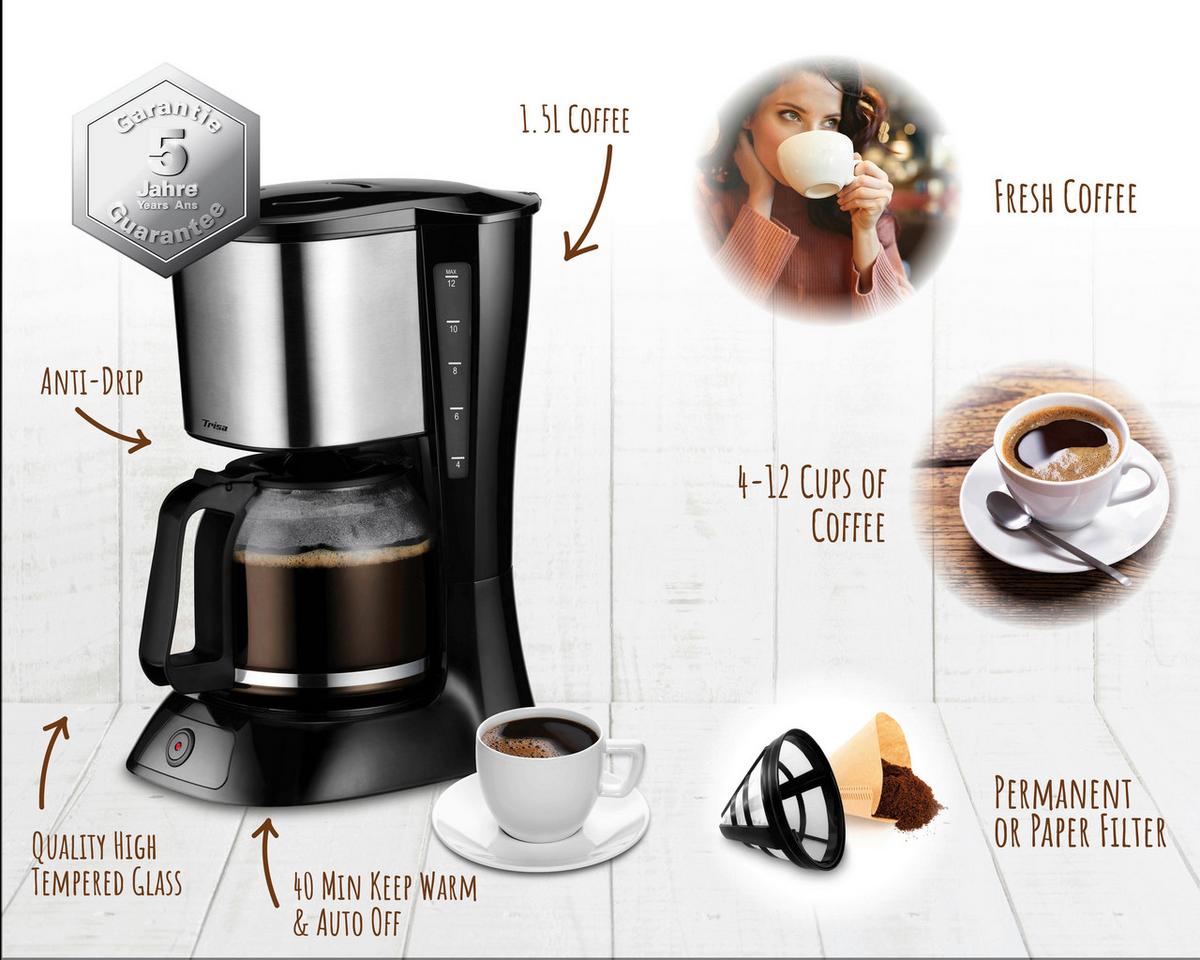 Kaffeemaschine Perfect Glaskanne Bis 12 Tassen - Schwarz, MODERN, Kunststoff (24,5/19/34cm) - Trisa Electronics