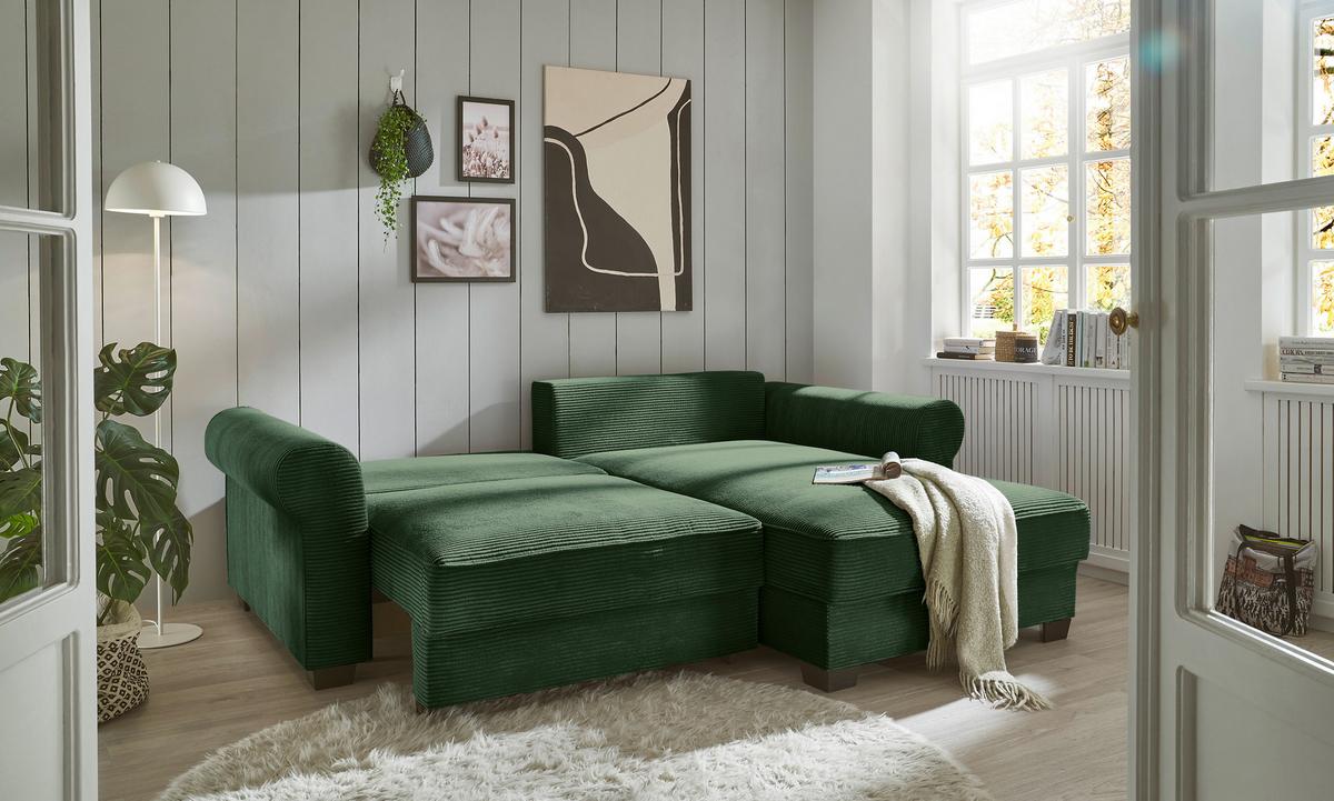 Ecksofa mit Bettkasten Maureen Dunkelgrün - Dunkelgrün/Schwarz, KONVENTIONELL, Textil (255/185cm) - MID.YOU
