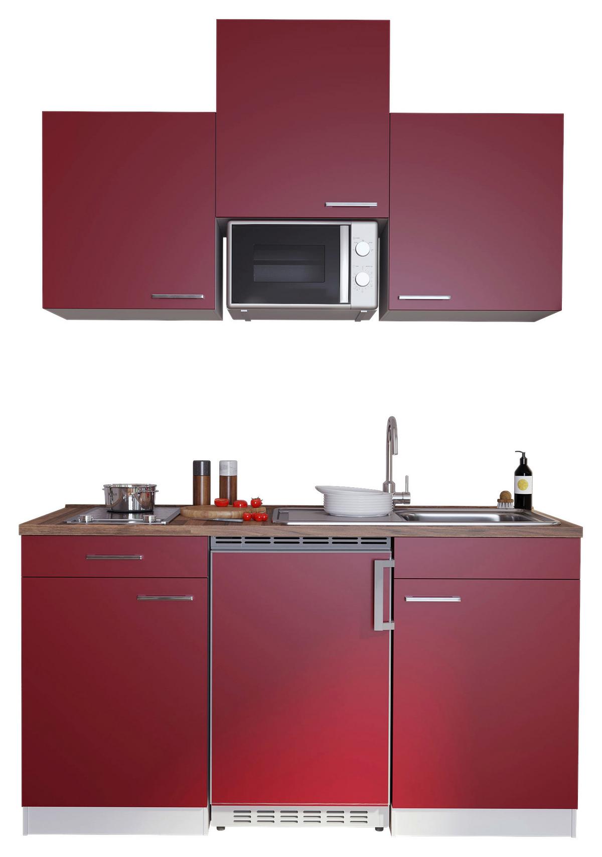 Miniküche Economy M. Geräten 150 Cm Rot/nussbaum Dekor - Rot/Nussbaumfarben, Basics, Holzwerkstoff (150cm) - Respekta