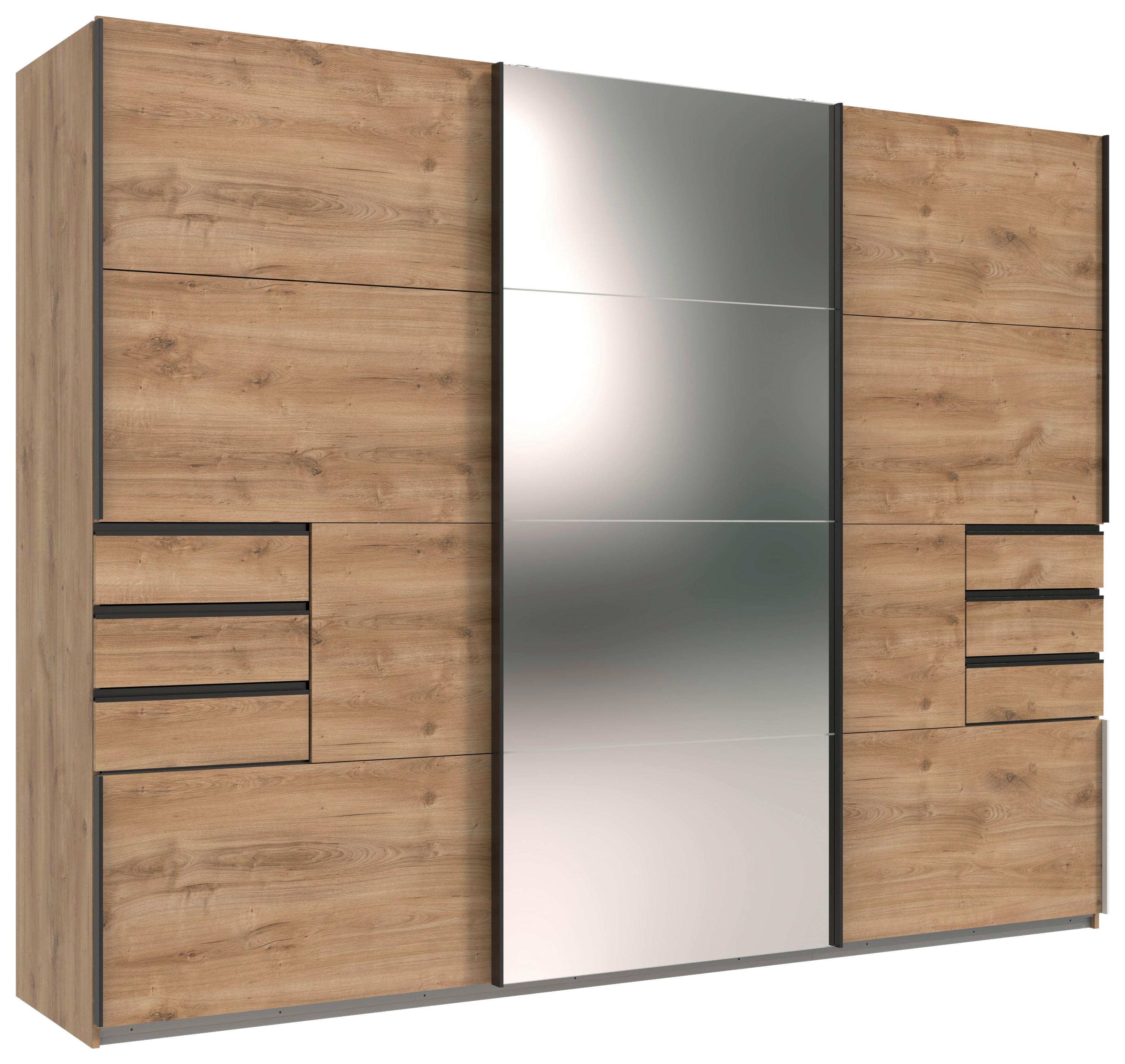 Skriňa s posuv. dverami SAIGON dosk.dub/zrkadlo š. 270 cm - čierna/trámový dub, Konventionell, kov/kompozitné drevo (270/208/64cm) - Premium Living