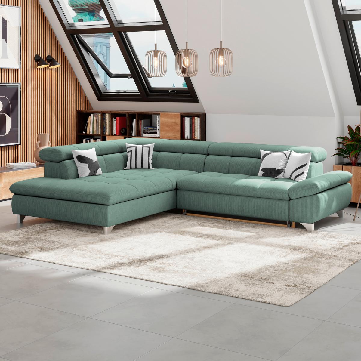 Ecksofa Gemini Grün, B: 234cm - Chromfarben/Dunkelgrün, KONVENTIONELL, Textil (234/312cm)